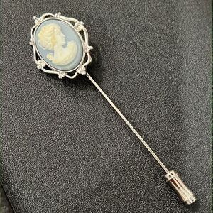Trifari Vintage Blue White Silver Tone Cameo Hat Pin Brooch Stick Pin 3" Long
